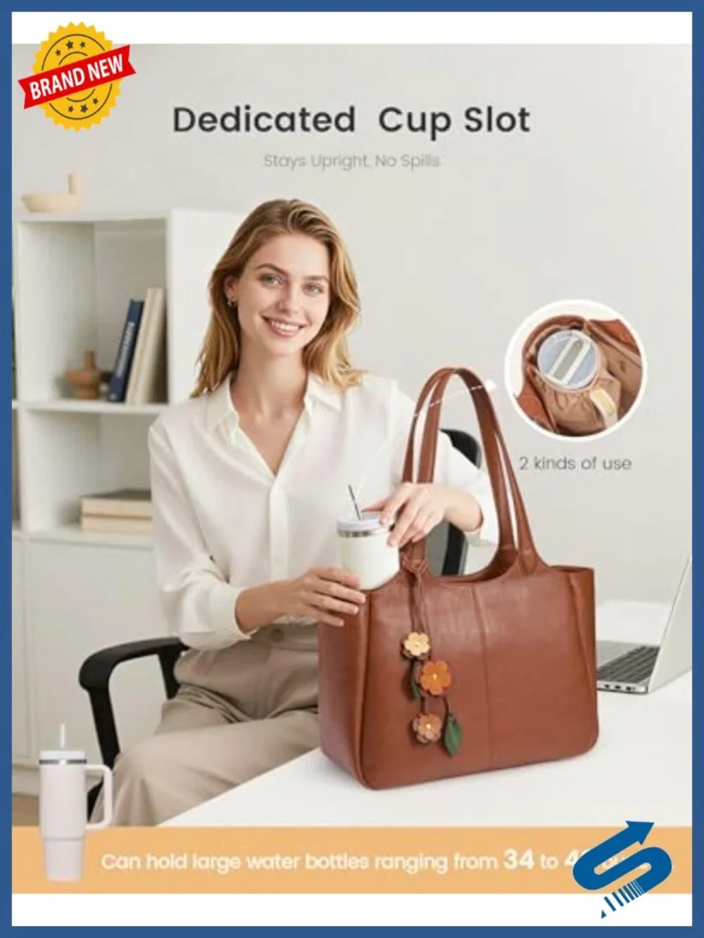 Vegan Leather Tote Bag with Hidden 40oz Cup Holder for Work Laptop Shoulder Bag